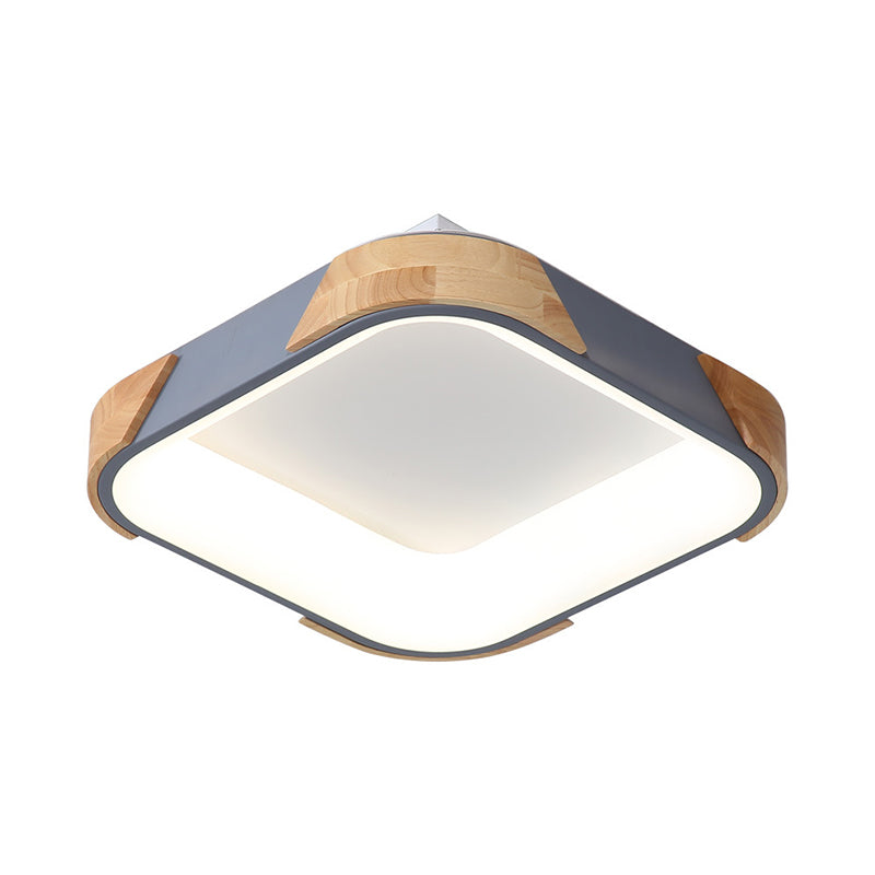 Square Macaron Flush Light Grey/White/Pink Wood LED Ceiling Fixture, Warm/White Light, 14"/18"/24" Wide