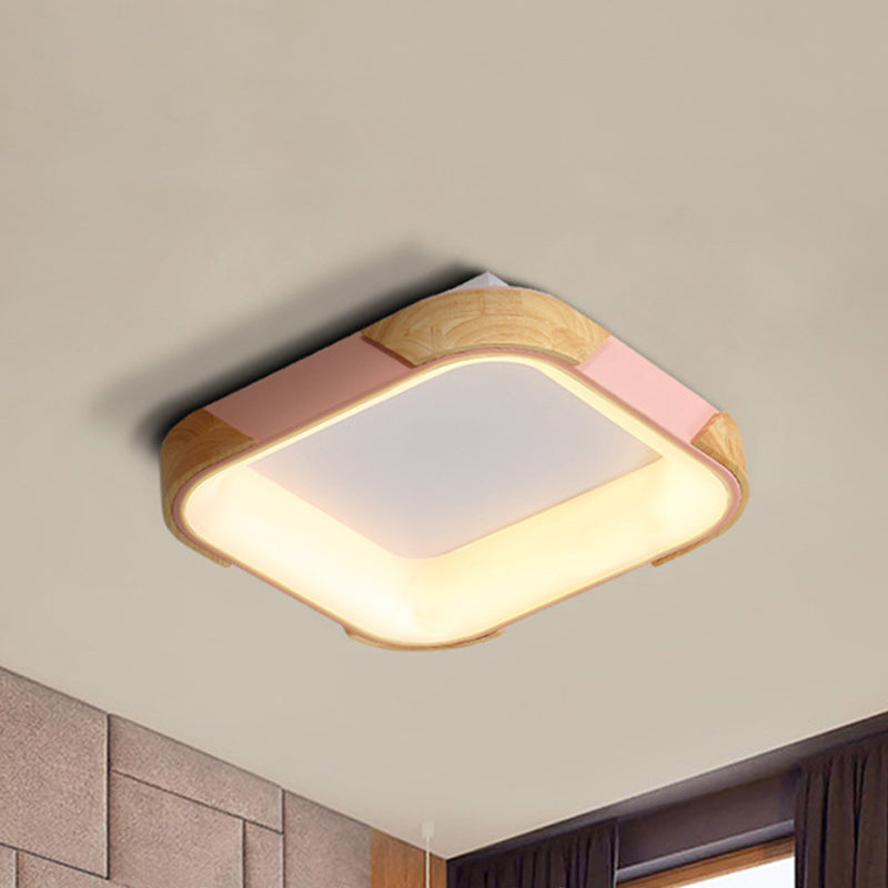Square Macaron Flush Light Grey/White/Pink Wood Led Ceiling Fixture Warm/White 14/18/24 Wide Pink /