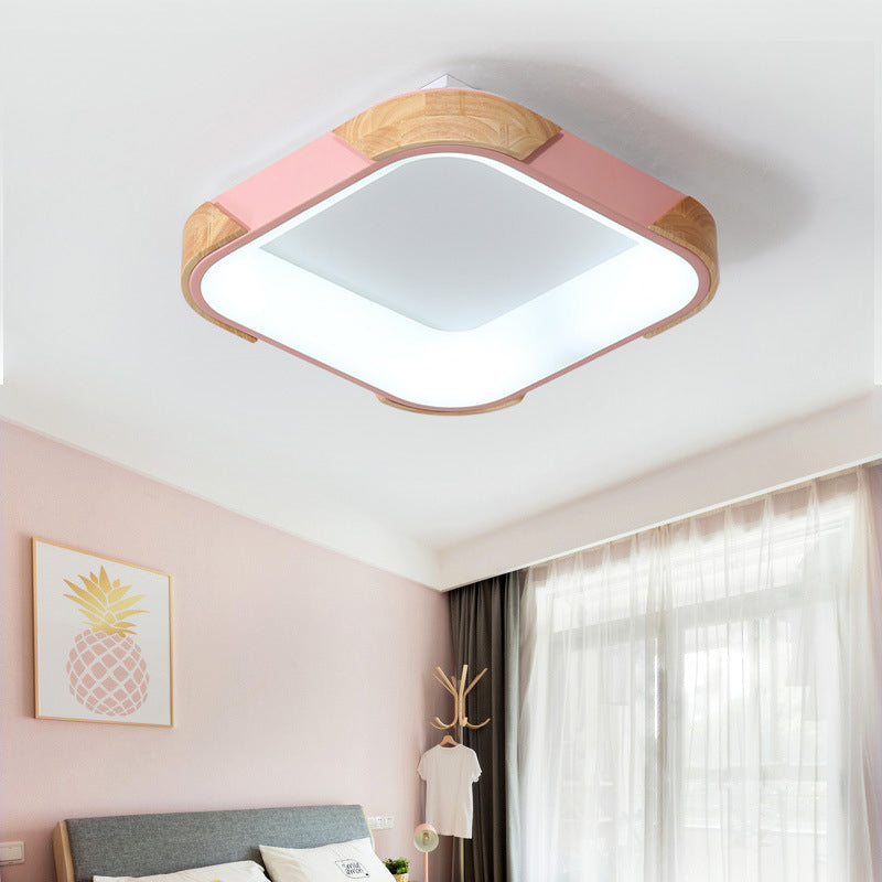Square Macaron Flush Light Grey/White/Pink Wood LED Ceiling Fixture, Warm/White Light, 14"/18"/24" Wide