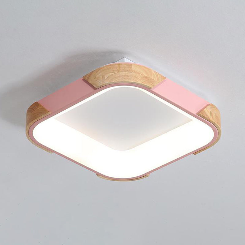 Square Macaron Flush Light Grey/White/Pink Wood LED Ceiling Fixture, Warm/White Light, 14"/18"/24" Wide