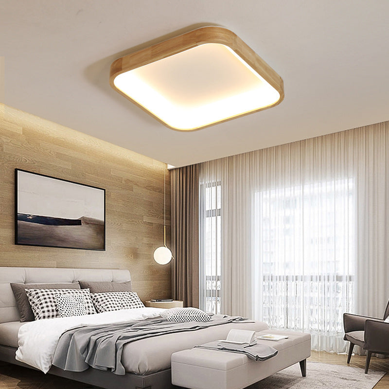 Minimalist LED Flush Ceiling Light with Wood Shade - Warm/White Light Options - 14.5"/18.5" Width