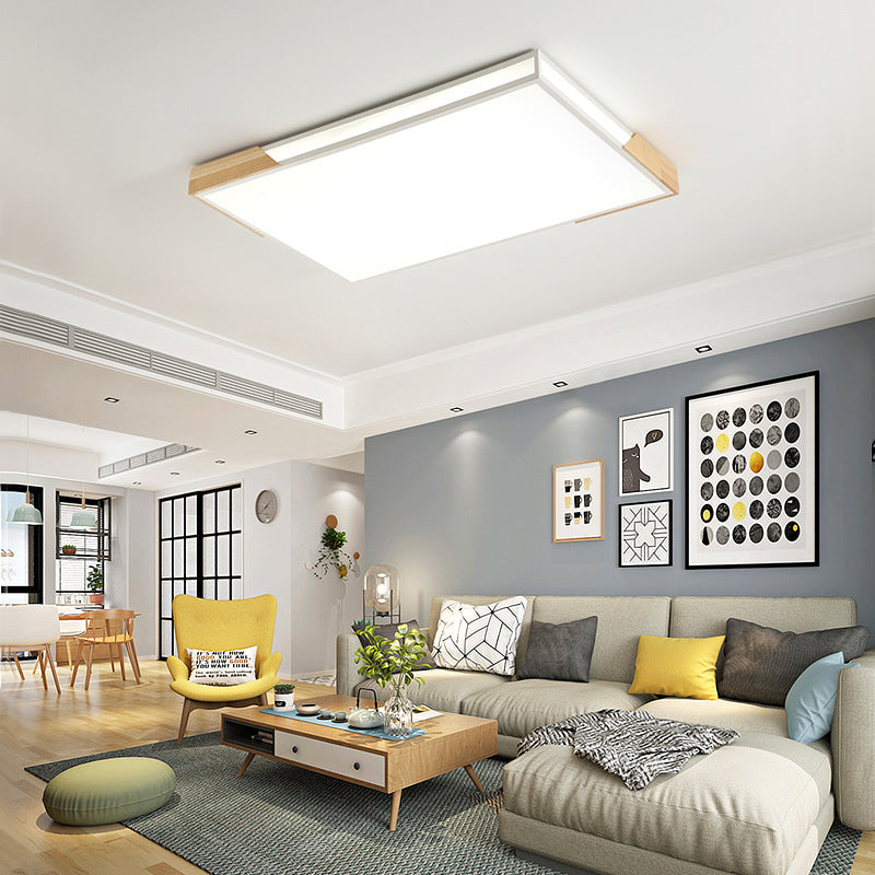 Slim Rectangle Flushmount Lighting: 25.5"/34.5" Minimalist Wood White; Warm/White Light, Acrylic Diffuser