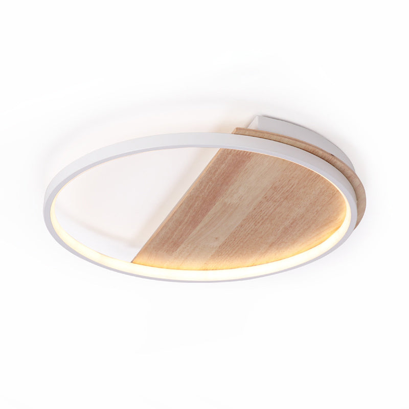 Nordic Style Natural Wood LED Flush Ceiling Light Fixture for Bedroom - Half Round Design, 16.5"/21" Dia