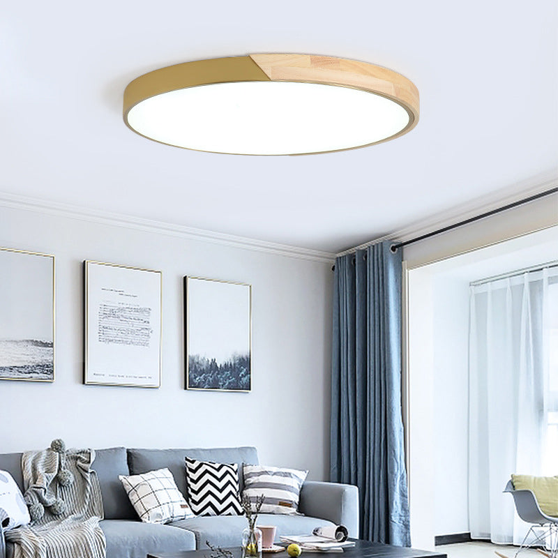 Modern Wood Circle Flushmount LED Ceiling Light in 3 Light Temperatures, 11-19" Diameter