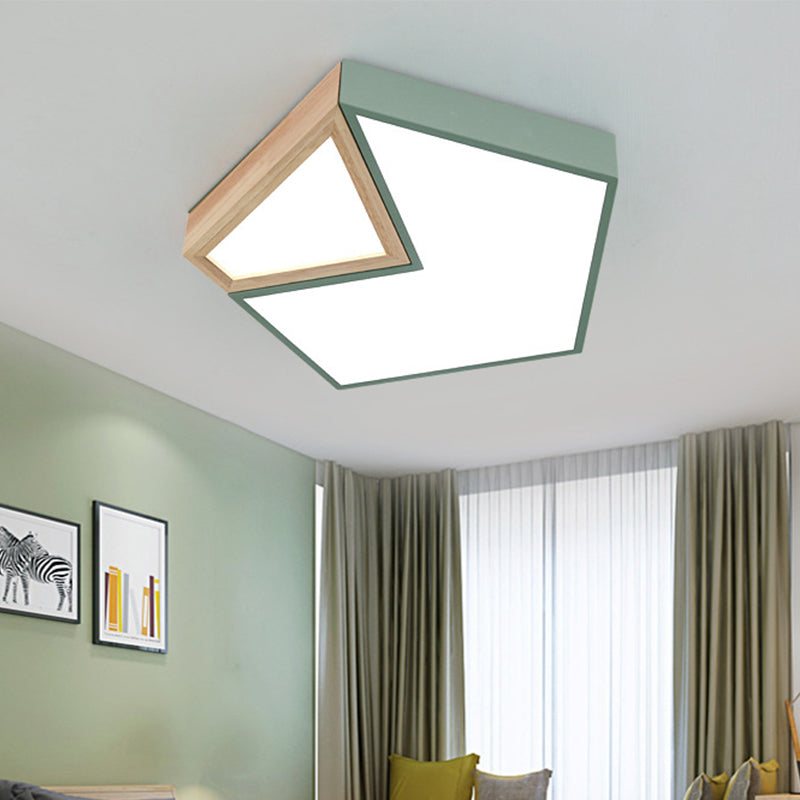 Contemporary LED Flushmount Ceiling Light - White/Green Pentagon Design with Warm Glow
