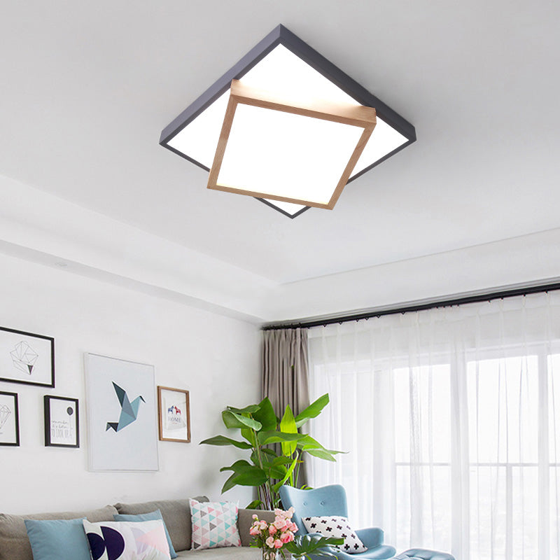 Modern 2-Tier Wood LED Ceiling Light for Living Room in White/Warm Light - Square Flush Mount