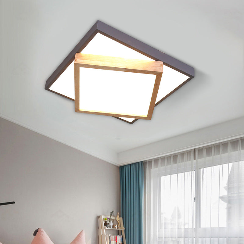 Modern 2-Tier Wood LED Ceiling Light for Living Room in White/Warm Light - Square Flush Mount