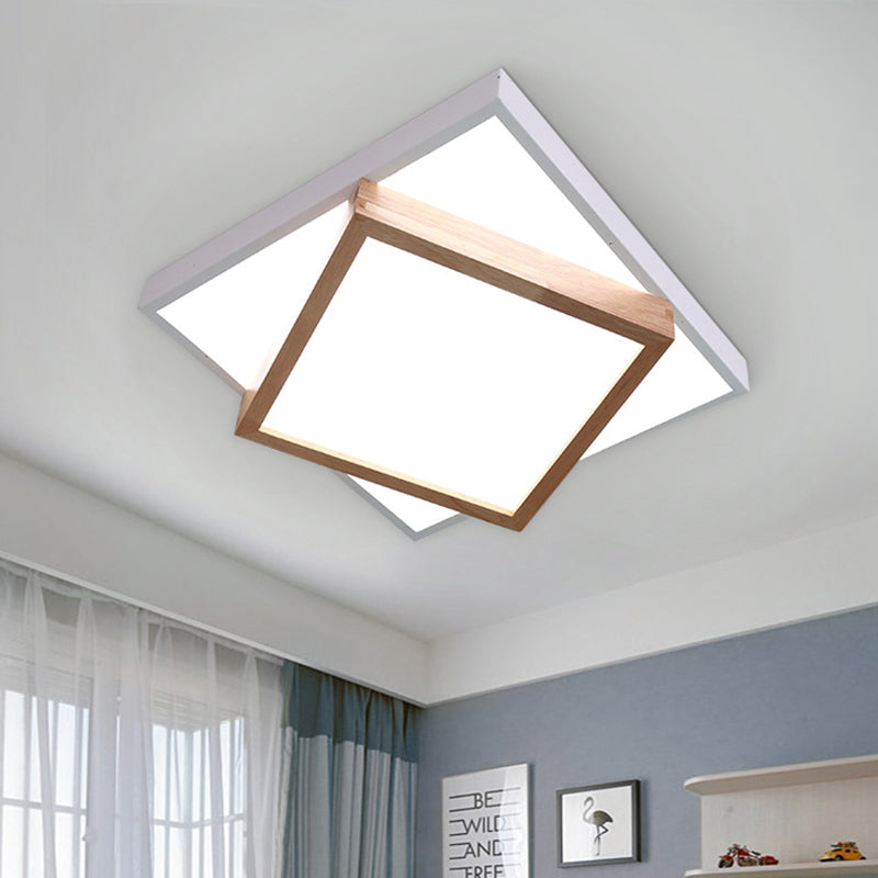 Modern 2-Tier Wood LED Ceiling Light for Living Room in White/Warm Light - Square Flush Mount