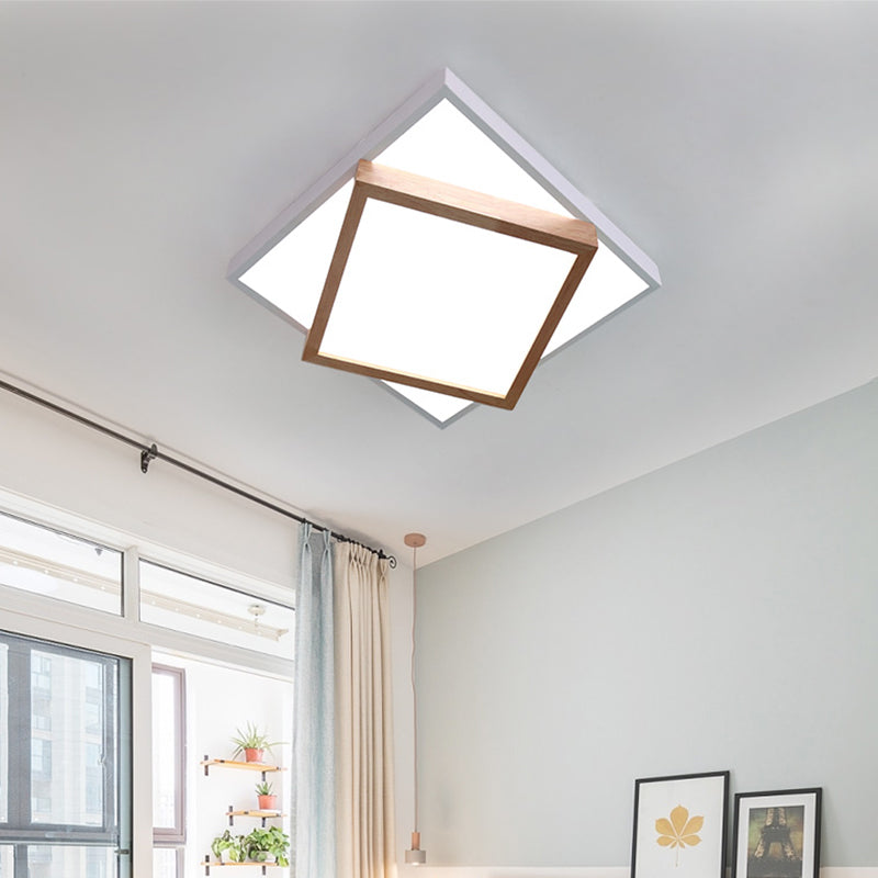 Modern 2-Tier Wood LED Ceiling Light for Living Room in White/Warm Light - Square Flush Mount