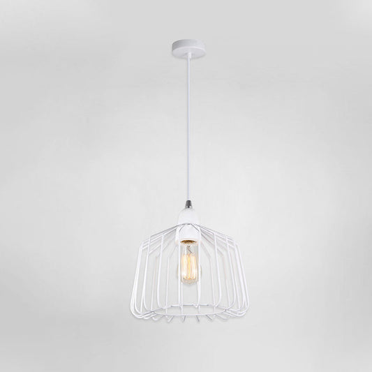 White Metallic Pendulum Light - Minimalist Cage Shade - Bedroom Hanging Lamp Kit