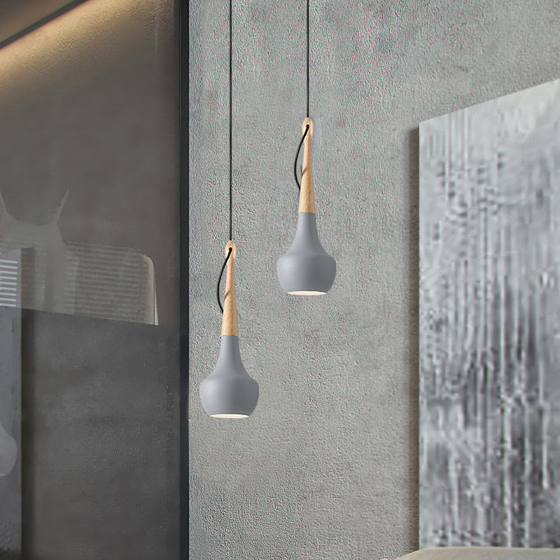 Contemporary Grey Gourd Pendant Light For Bedside With Metal Shade