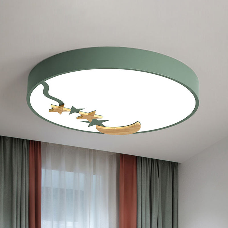 Contemporary Round Metal LED Close to Ceiling Lamp with Wooden Moon and Star Decoration - Grey/White/Green - 12"/16"/19.5" Diameter - White/Warm Light