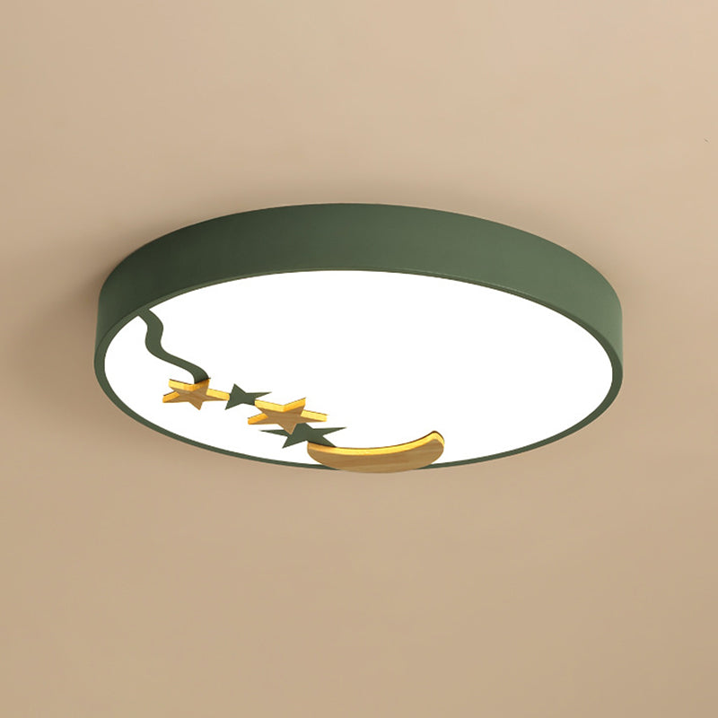 Contemporary Round Metal LED Close to Ceiling Lamp with Wooden Moon and Star Decoration - Grey/White/Green - 12"/16"/19.5" Diameter - White/Warm Light