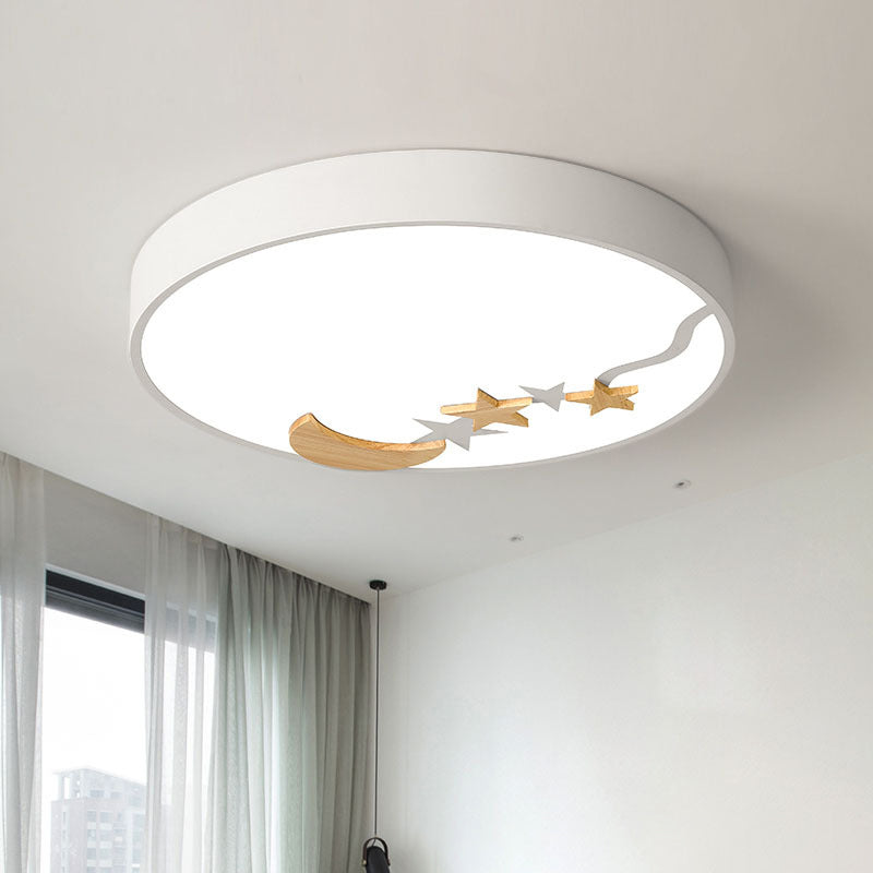 Contemporary Round Metal LED Close to Ceiling Lamp with Wooden Moon and Star Decoration - Grey/White/Green - 12"/16"/19.5" Diameter - White/Warm Light
