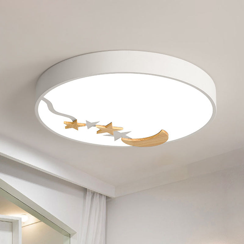 Contemporary Round Metal LED Close to Ceiling Lamp with Wooden Moon and Star Decoration - Grey/White/Green - 12"/16"/19.5" Diameter - White/Warm Light