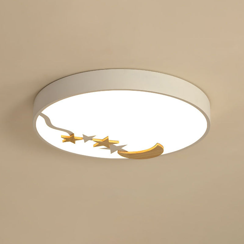 Contemporary Round Metal LED Close to Ceiling Lamp with Wooden Moon and Star Decoration - Grey/White/Green - 12"/16"/19.5" Diameter - White/Warm Light