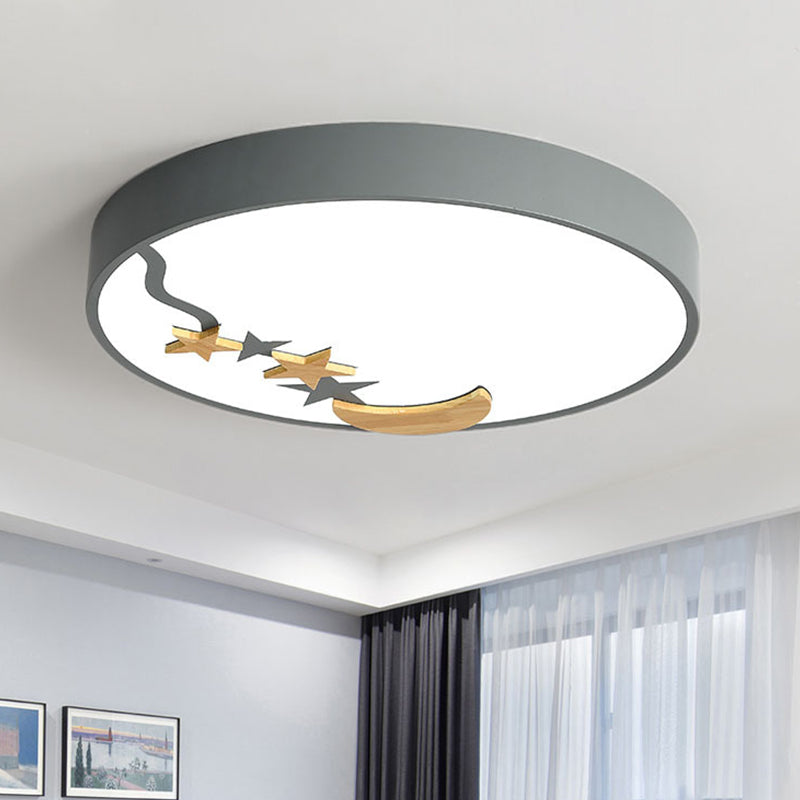 Contemporary Round Metal LED Close to Ceiling Lamp with Wooden Moon and Star Decoration - Grey/White/Green - 12"/16"/19.5" Diameter - White/Warm Light
