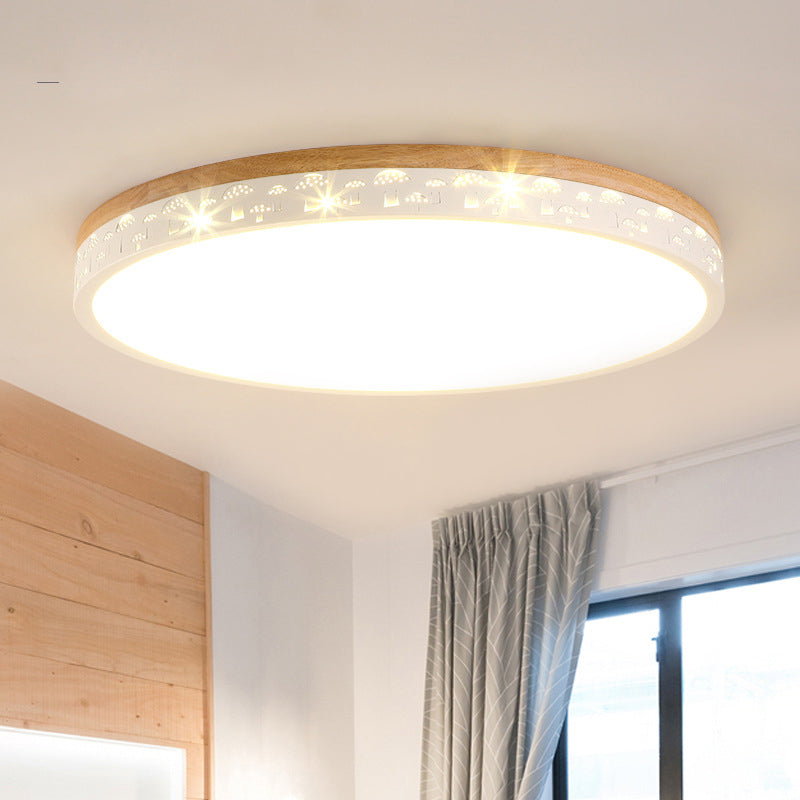Modern LED Flush Light Fixture: Wood Circle Design with Acrylic Diffuser - White/Warm Light, 12"/16"/19.5" Wide
