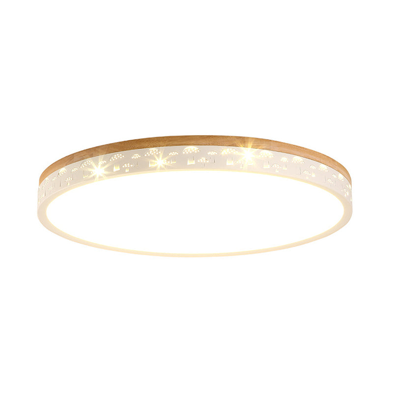 Modern LED Flush Light Fixture: Wood Circle Design with Acrylic Diffuser - White/Warm Light, 12"/16"/19.5" Wide