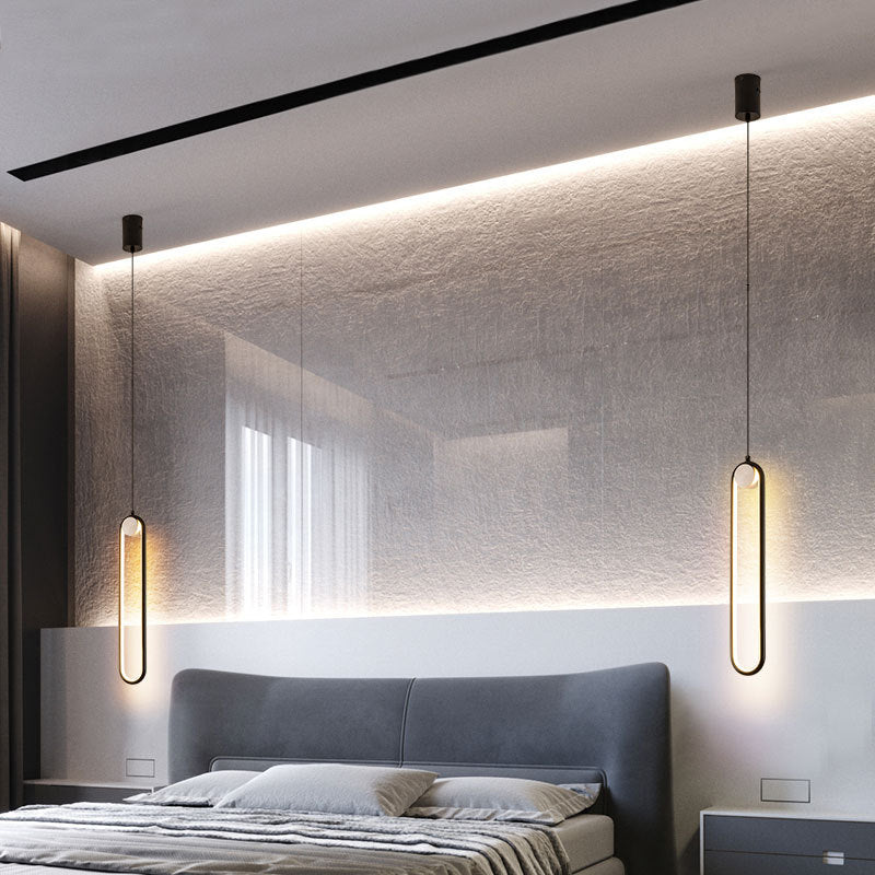 Minimalist LED Oval Metallic Pendulum Pendant Ceiling Light in Black with Natural Lighting