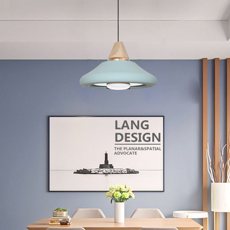 Blue/Green Macaron Wide Flare Down Pendant Light Fixture with Wood Cap