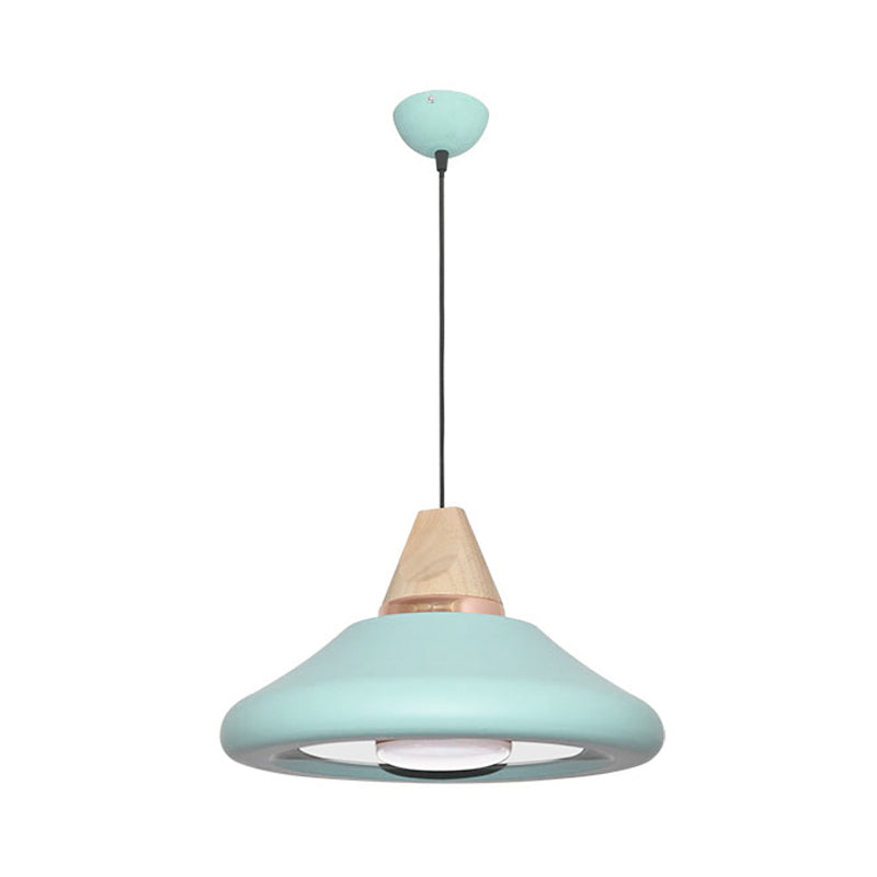Blue/Green Macaron Wide Flare Down Pendant Light Fixture with Wood Cap