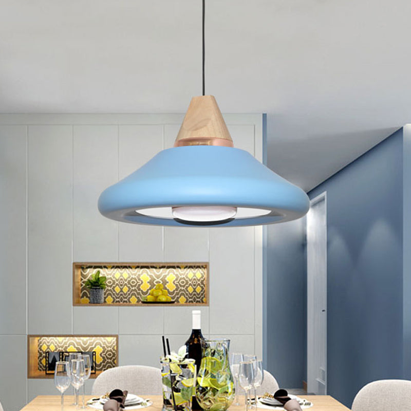 Flare Down Lighting Pendant Light Fixture - Macaron Wide With Blue/Green Metal And Wood Cap Blue