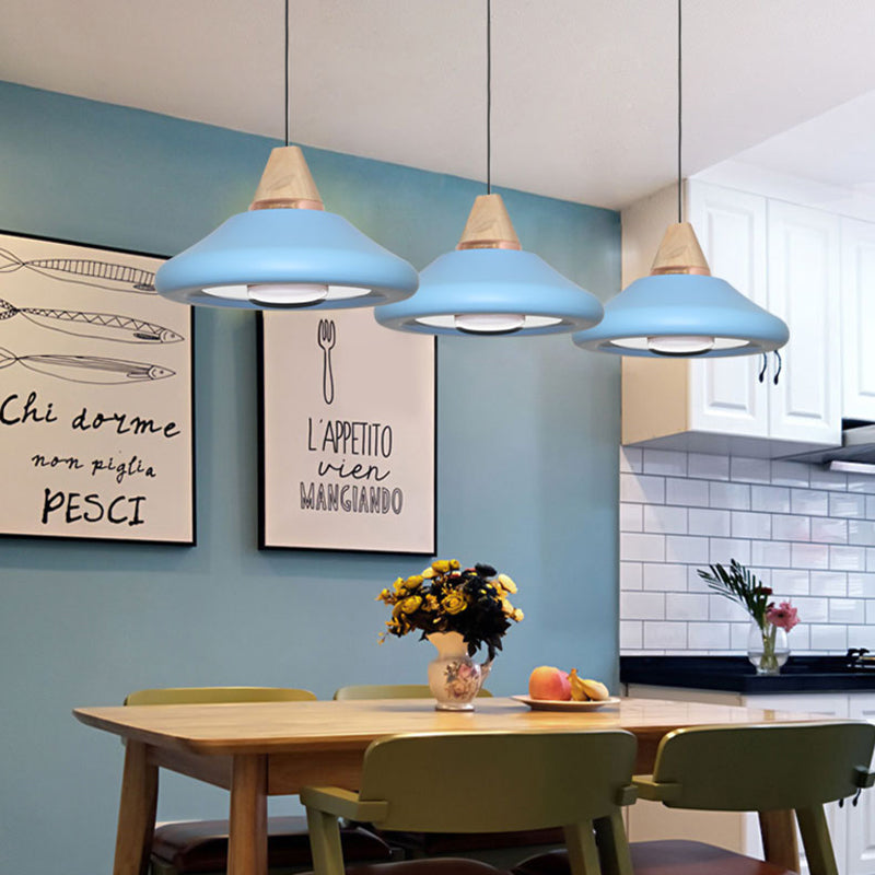 Flare Down Lighting Pendant Light Fixture - Macaron Wide With Blue/Green Metal And Wood Cap
