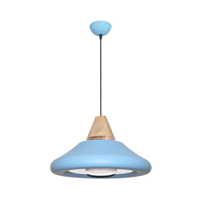Blue/Green Macaron Wide Flare Down Pendant Light Fixture with Wood Cap