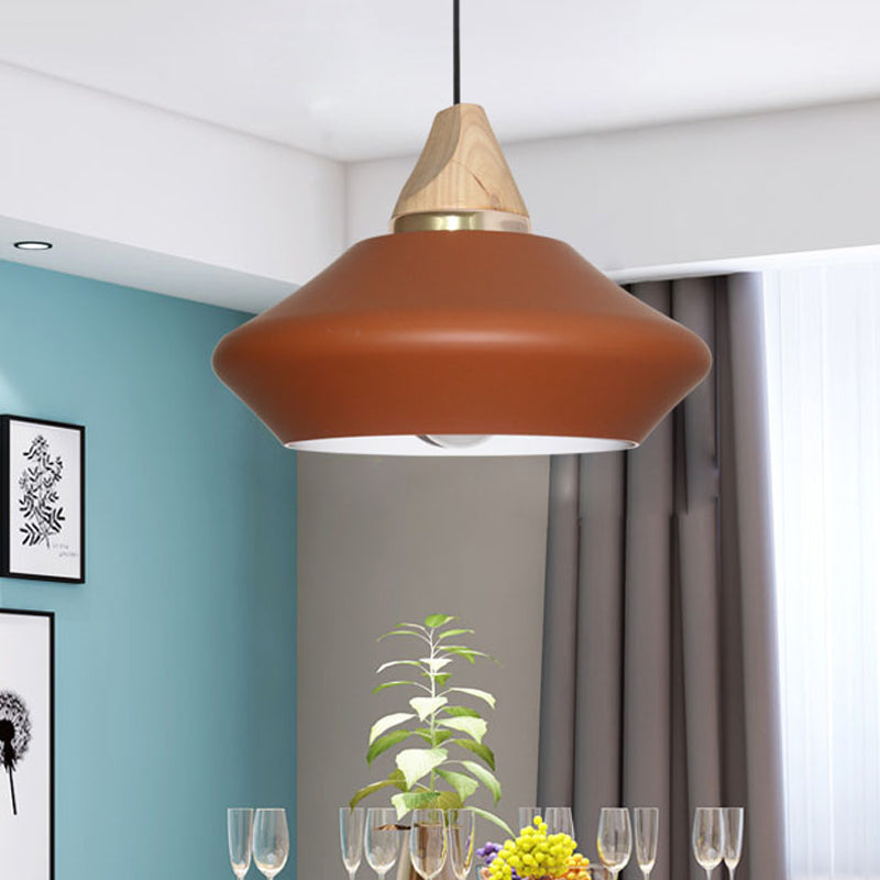 Contemporary Metal Pendant Light - Pink/Coffee 1-Head Hat Ceiling Lamp with Wood Cap