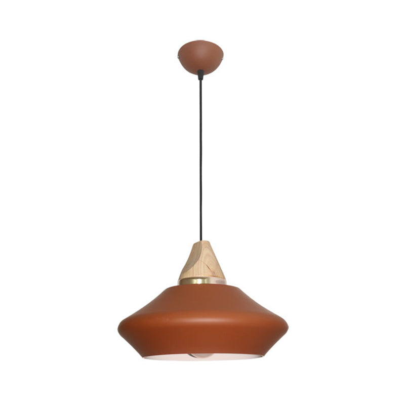 Contemporary Metal Pendant Light - Pink/Coffee 1-Head Hat Ceiling Lamp with Wood Cap
