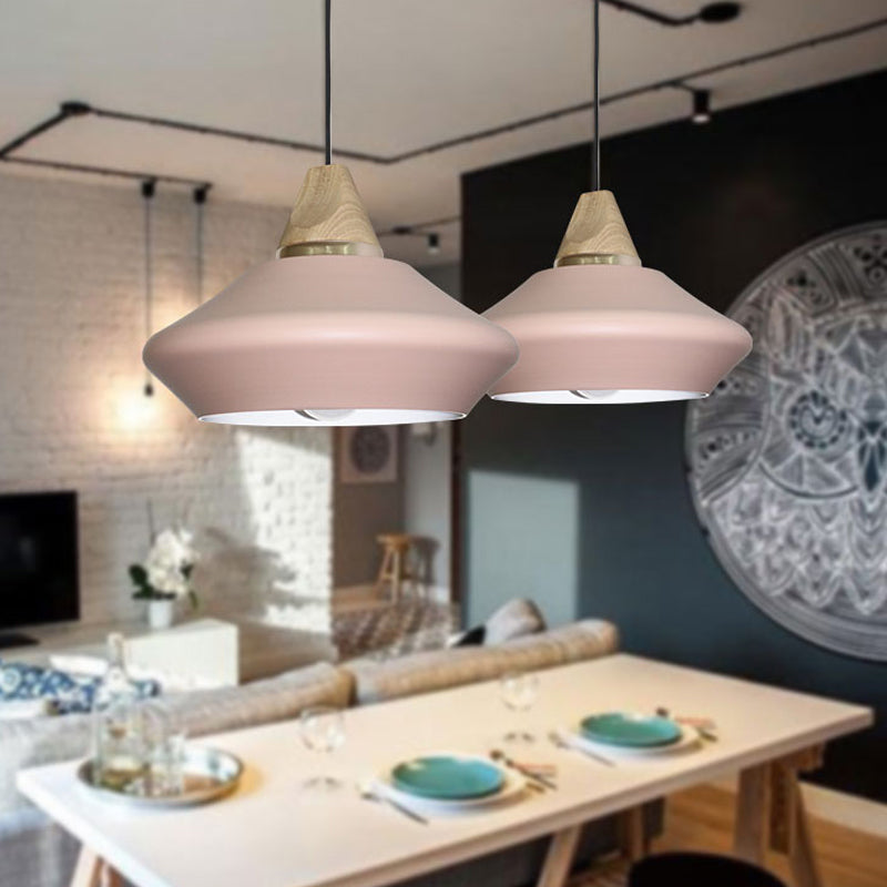 Contemporary Metal Pendant Light - Pink/Coffee 1-Head Hat Ceiling Lamp with Wood Cap