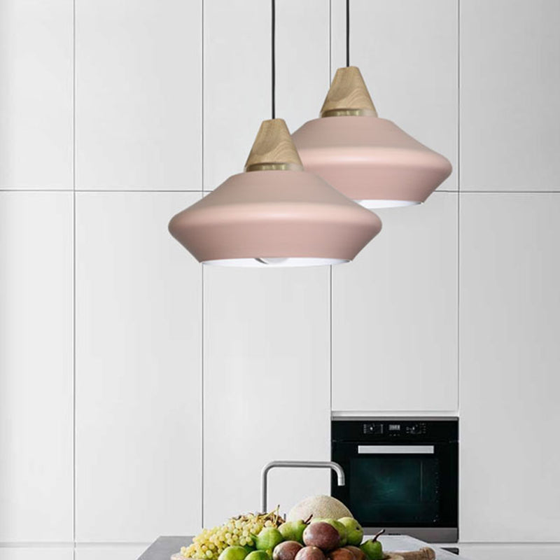 Contemporary Metal Pendant Light - Pink/Coffee 1-Head Hat Ceiling Lamp with Wood Cap