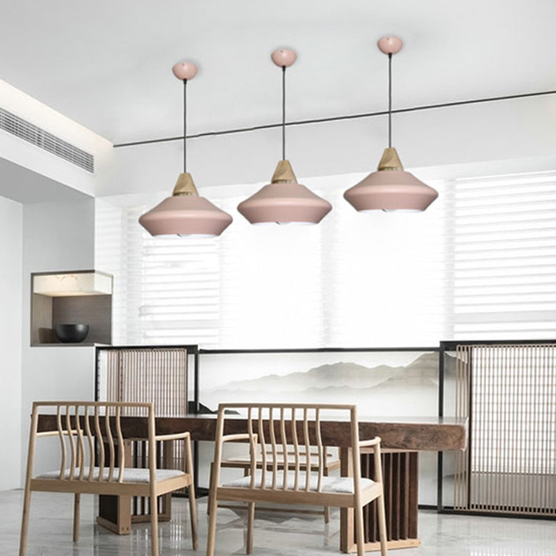 Contemporary Metal Ceiling Lamp With Pink/Coffee 1-Head Pendant Fixture And Wood Cap
