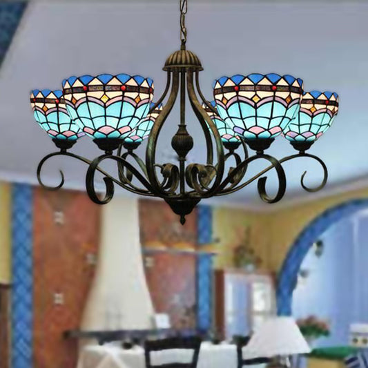 Lustre en forme de dôme en verre teinté bleu avec 3/6/8 lumières, style méditerranéen, idéal pour les chambres à coucher - Finition noire, 25,5"/34"/37,5" L