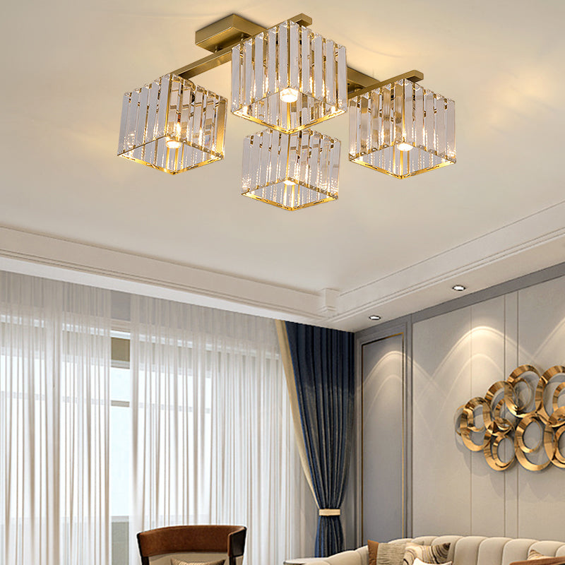 Square Crystal Rod Ceiling Light Fixture - Modern Semi Flush Mount with Tri-Sided Design (4/6/9 Lights) in Gold/Black for Living Room