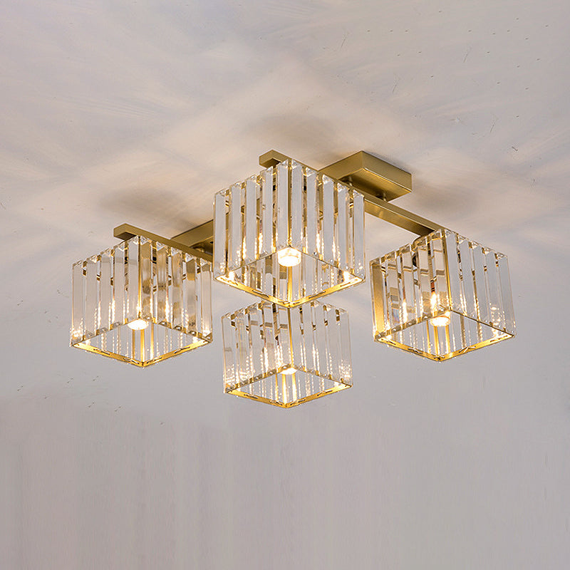Square Crystal Rod Ceiling Light Fixture - Modern Semi Flush Mount with Tri-Sided Design (4/6/9 Lights) in Gold/Black for Living Room