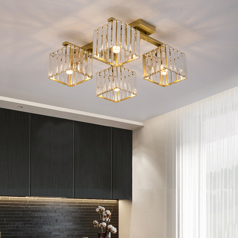 Square Crystal Rod Ceiling Light Fixture - Modern Semi Flush Mount with Tri-Sided Design (4/6/9 Lights) in Gold/Black for Living Room