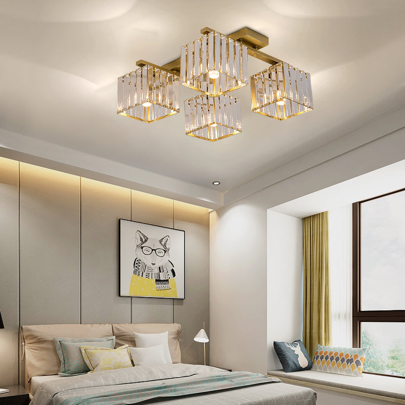 Square Crystal Rod Ceiling Light Fixture - Modern Semi Flush Mount with Tri-Sided Design (4/6/9 Lights) in Gold/Black for Living Room