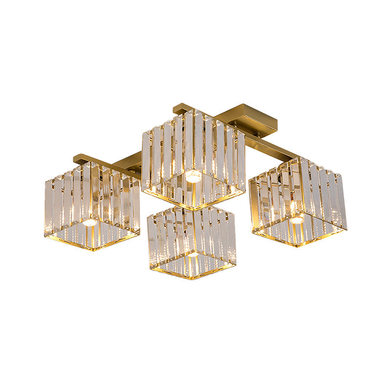 Square Crystal Rod Ceiling Light Fixture - Modern Semi Flush Mount with Tri-Sided Design (4/6/9 Lights) in Gold/Black for Living Room