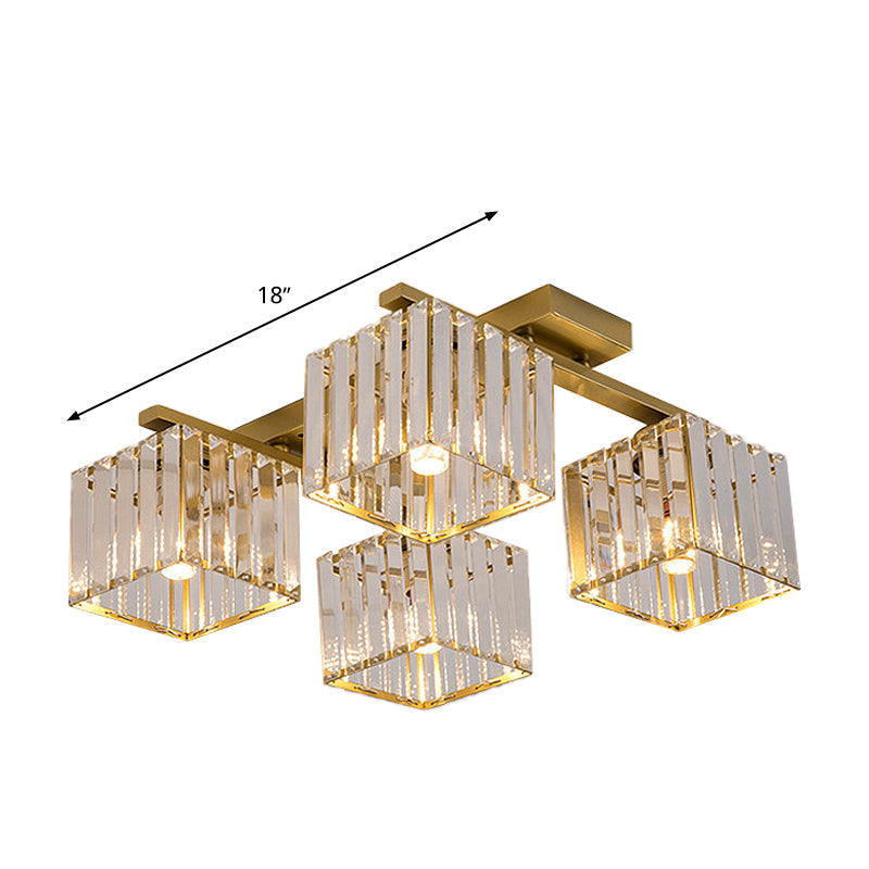Square Crystal Rod Ceiling Light Fixture - Modern Semi Flush Mount with Tri-Sided Design (4/6/9 Lights) in Gold/Black for Living Room