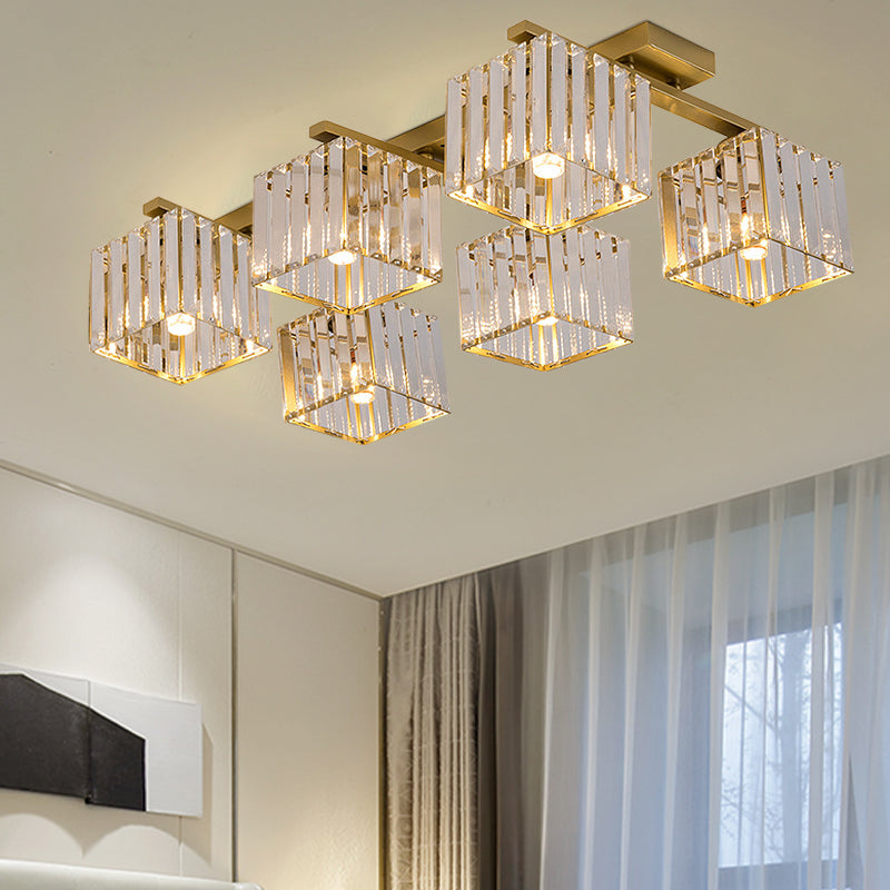 Square Crystal Rod Ceiling Light Fixture - Modern Semi Flush Mount with Tri-Sided Design (4/6/9 Lights) in Gold/Black for Living Room