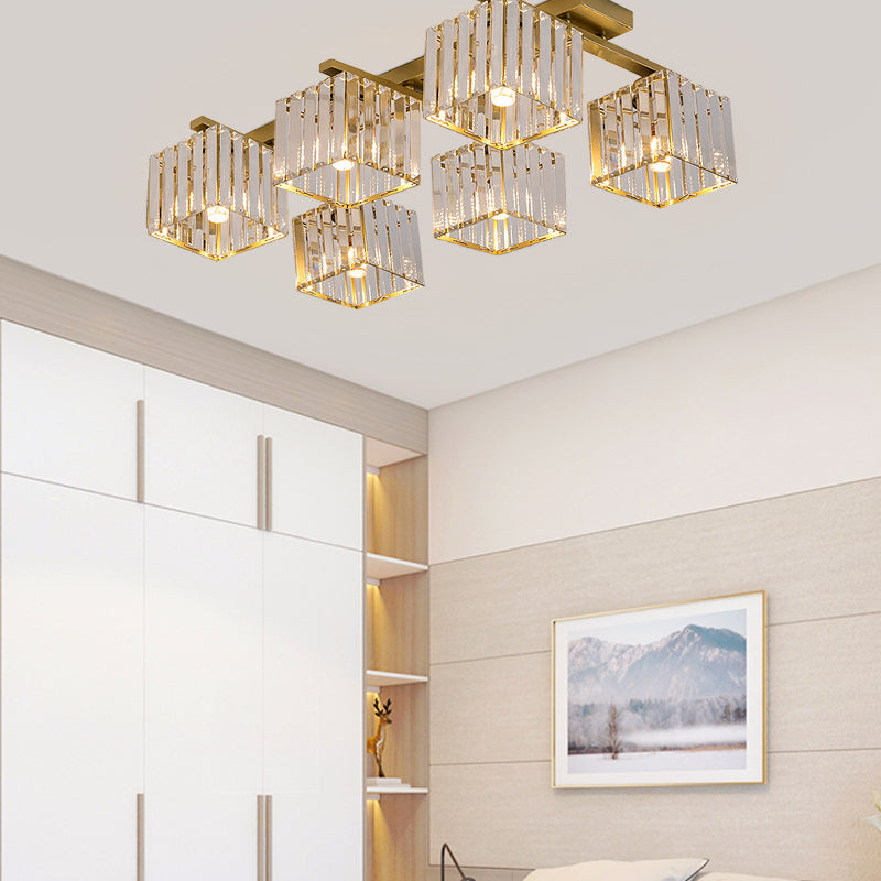 Square Crystal Rod Ceiling Light Fixture - Modern Semi Flush Mount with Tri-Sided Design (4/6/9 Lights) in Gold/Black for Living Room