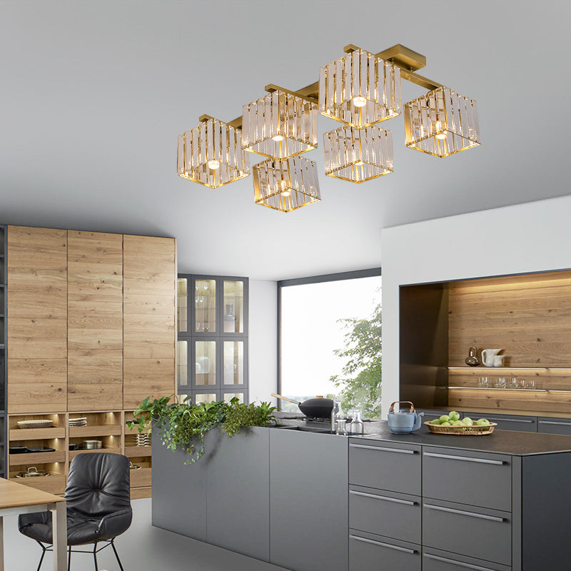 Square Crystal Rod Ceiling Light Fixture - Modern Semi Flush Mount with Tri-Sided Design (4/6/9 Lights) in Gold/Black for Living Room