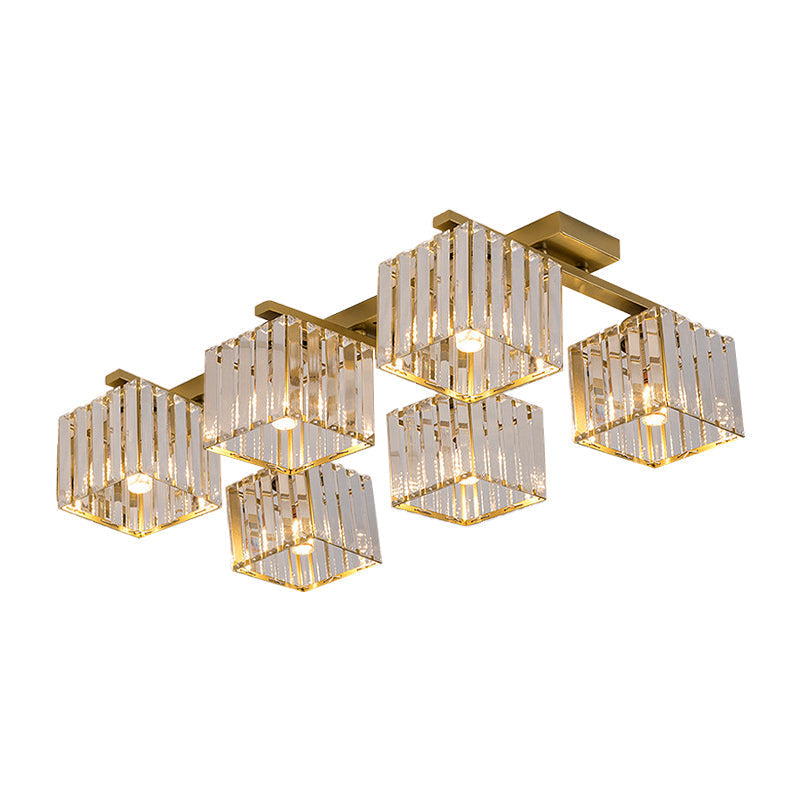 Square Crystal Rod Ceiling Light Fixture - Modern Semi Flush Mount with Tri-Sided Design (4/6/9 Lights) in Gold/Black for Living Room
