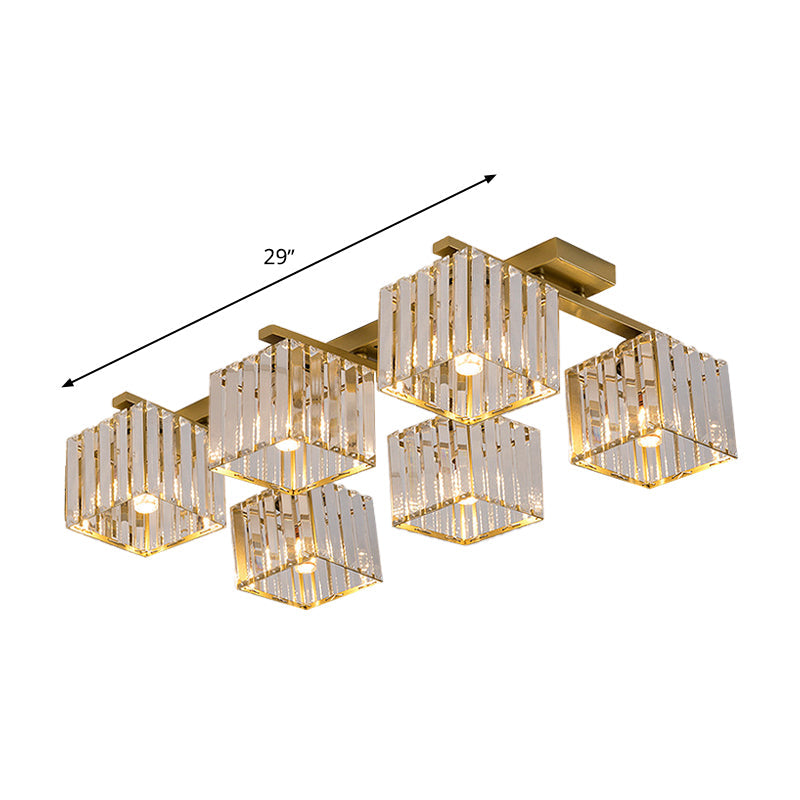 Square Crystal Rod Ceiling Light Fixture - Modern Semi Flush Mount with Tri-Sided Design (4/6/9 Lights) in Gold/Black for Living Room