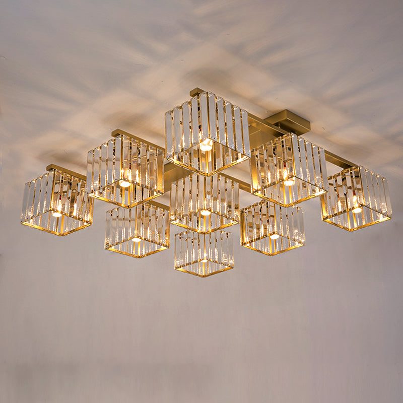 Square Crystal Rod Ceiling Light Fixture - Modern Semi Flush Mount with Tri-Sided Design (4/6/9 Lights) in Gold/Black for Living Room