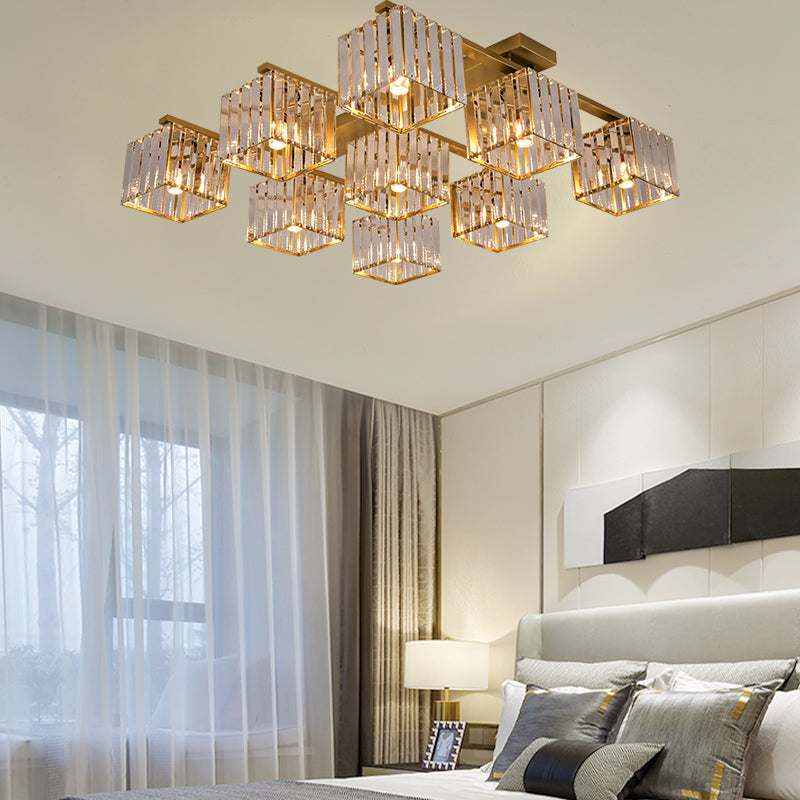 Square Crystal Rod Ceiling Light Fixture - Modern Semi Flush Mount with Tri-Sided Design (4/6/9 Lights) in Gold/Black for Living Room