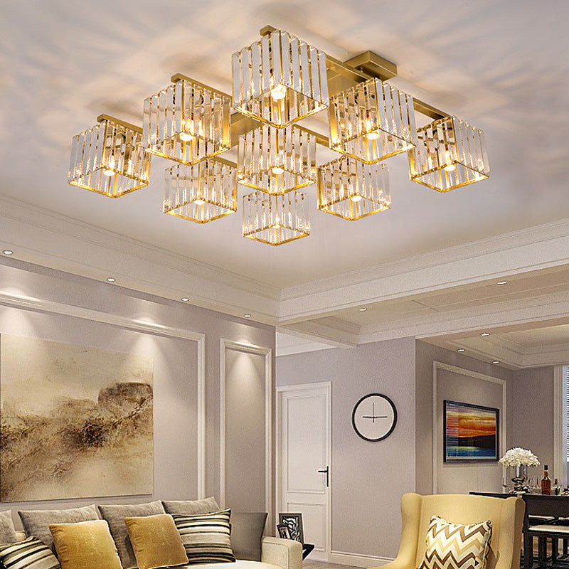 Square Crystal Rod Ceiling Light Fixture - Modern Semi Flush Mount with Tri-Sided Design (4/6/9 Lights) in Gold/Black for Living Room