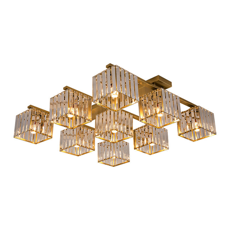 Square Crystal Rod Ceiling Light Fixture - Modern Semi Flush Mount with Tri-Sided Design (4/6/9 Lights) in Gold/Black for Living Room